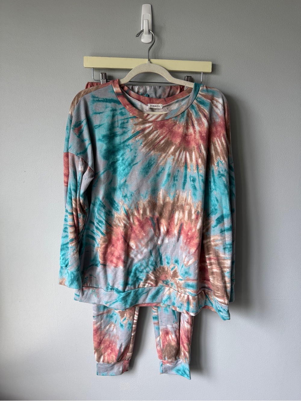 Cozy Tie-Dye Pantsuit Set in Teal, Coral & Brown - Women